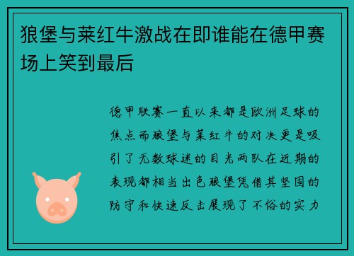 狼堡与莱红牛激战在即谁能在德甲赛场上笑到最后